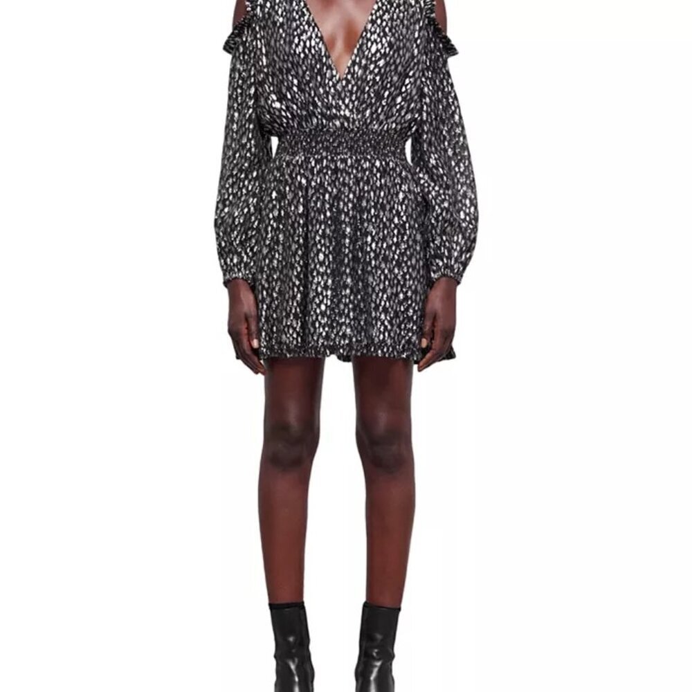 NWT | The Kooples | Cold Shoulder Mini Dress | Black wih Metallic Leopard Print - Picture 3 of 13